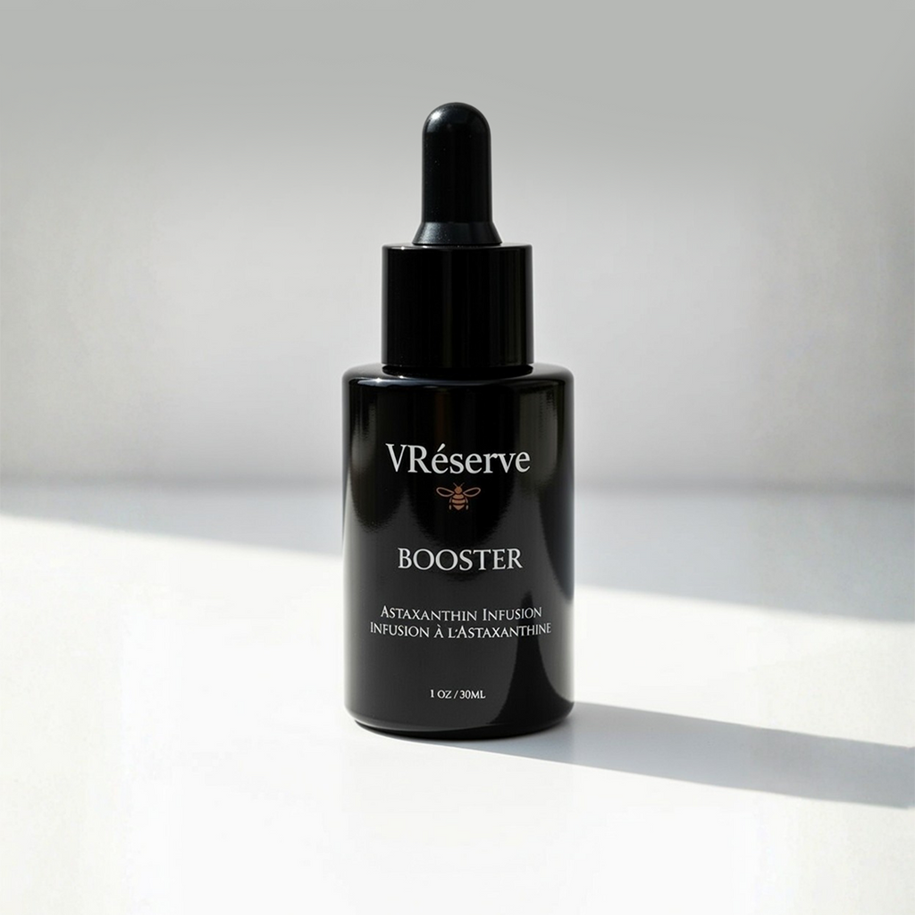 Black bottle of VRéserve Booster on a white background